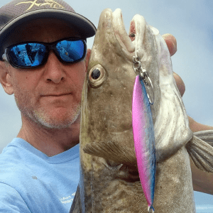 Joker Imp jig, 150g in Blue and Pink top shot, big cod on the JOKER IMP