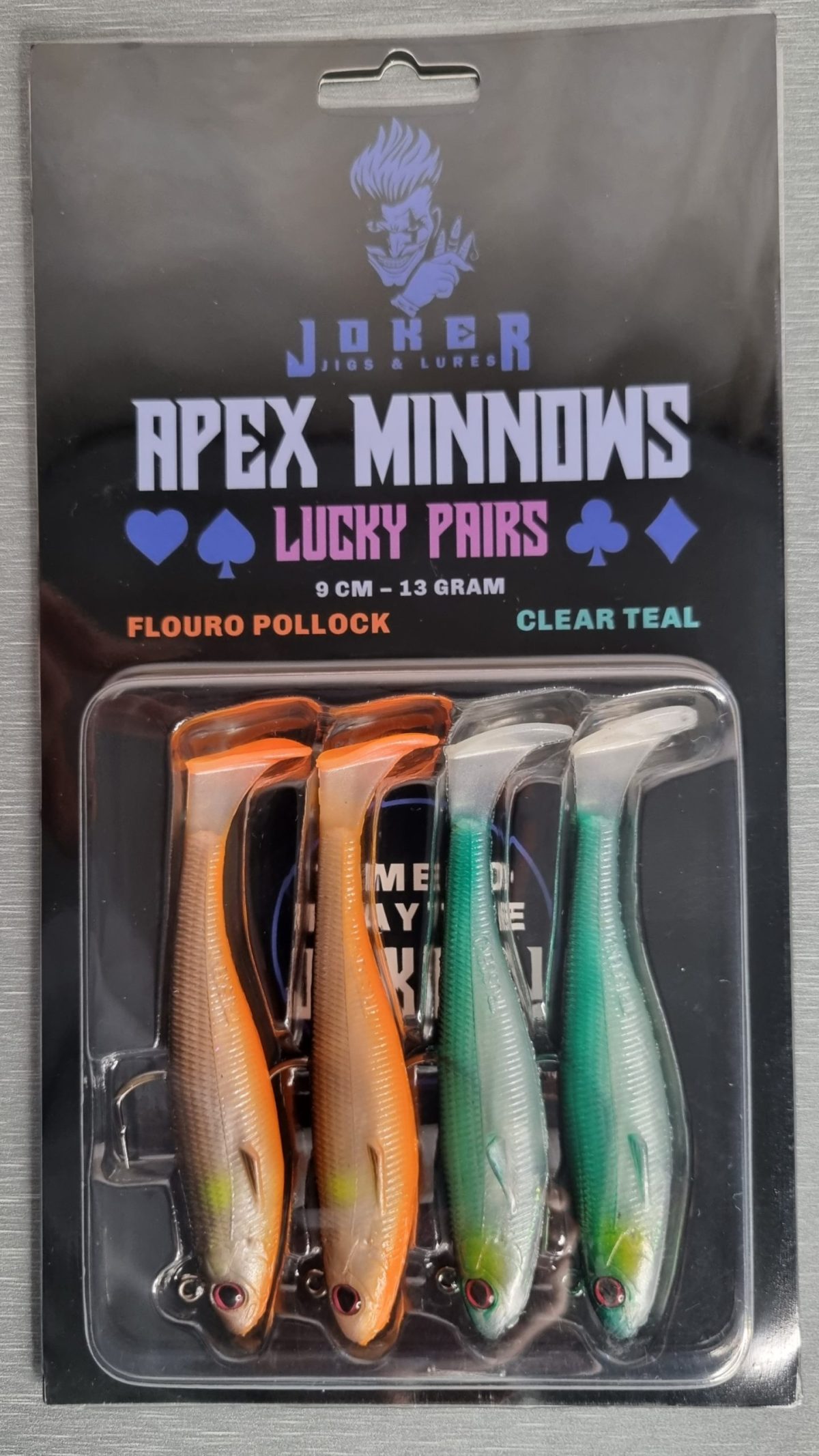 JOKER Apex Minnows, Flouro Pollock and Clear Teal